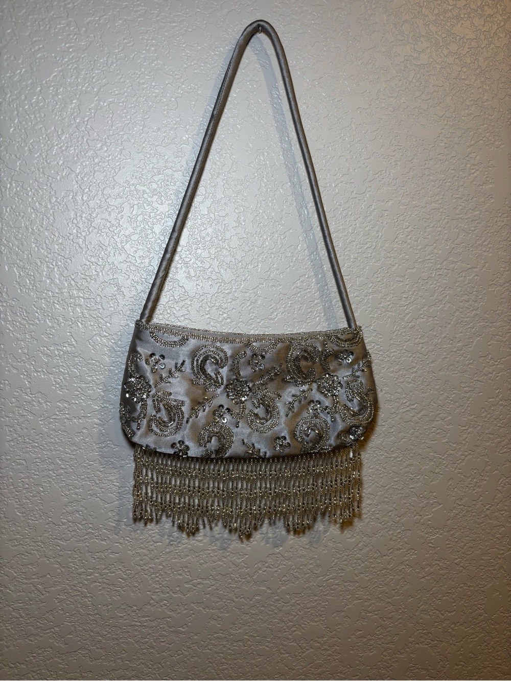 Preston & York Silver Beaded Fringe Shoulder Clutch